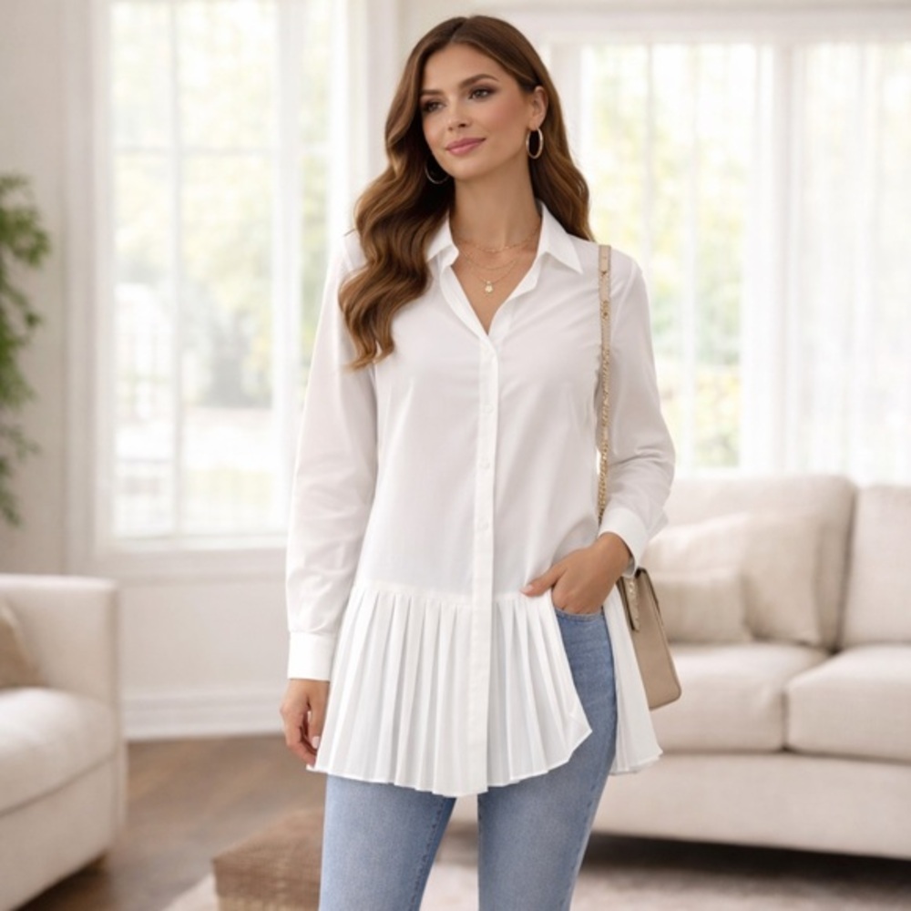 White Button Front Pleated Hem Long Sleeve L Blouse Preppy Modern Blokecore